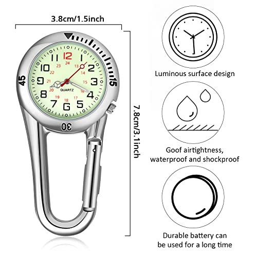 Hicarer 2 Pieces Clip on Quartz Watch Backpack Fob Belt Glow in The Dark Unisex Pocket Watch with White Dial for Doctors Nurses Outdoor Activities(Black, Silver)