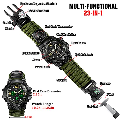 23-in-1 Survival Military Digital Watch, Mens Tactical Multi-Functional and Adjustable Wristband Outdoors Waterproof Army Green Sports Watches with Compass Paracord Band