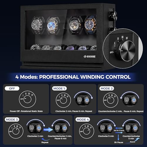 BEWISHOME Watch Winders for Automatic Watches, 4 Watch Winder and 6 Watch Display Case with Led Light 4 Modes, Automatic Watch Winder Box with Japanese Quiet Motor USB-C Adapter, Black SYQ04B