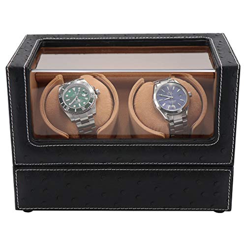 DRIKLUX Double Watch Winder for Rolex and Other Luxury Watches - Automatic Winder with Quiet Motor, Premium Black Ostrich Leather Exterior and Soft Flexible Watch Pillows of Camel Velvet
