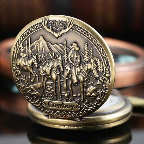 Tiong Pocket Watch Engraved Cowboy Arabic Numerals Quartz with Chain Gifts