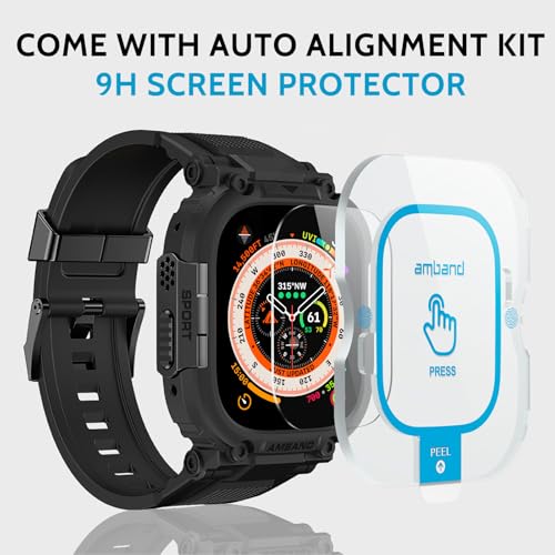 amBand Bands Case Screen Protector Compatible with Apple Watch Ultra 3/2/1 49mm for Men, M1 Sport Series Rugged Cover Strap and 9H Tempered Glass, Military Protective Bumper for iWatch 49 mm Men Black