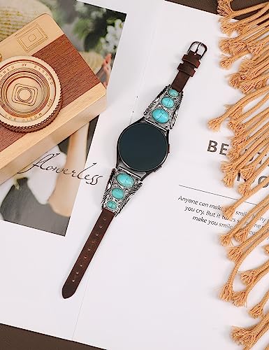 Minyee Leather Band Compatible with Samsung Galaxy Watch 7/6/5/4/FE/Active 2 40mm 44mm/Watch 6 Classic 43mm 47mm/Watch 5 Pro 45mm Band Women, Western Turquoise Boho Vintage Jewelry 20mm Watch Strap