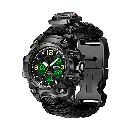 Smilkat 23-in-1 Survival Military Digital Watch, Mens Tactical Multi-Functional and Adjustable Wristband Outdoors Waterproof Sports Dual Dial Watches with Compass Paracord Band, Black, Digital