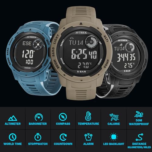 AVTREK Tactical Watch with Compass,50M Waterproof Pedometer, Digital Altimeter Watch for Outdoor Hiking/Climbing(Cafe)