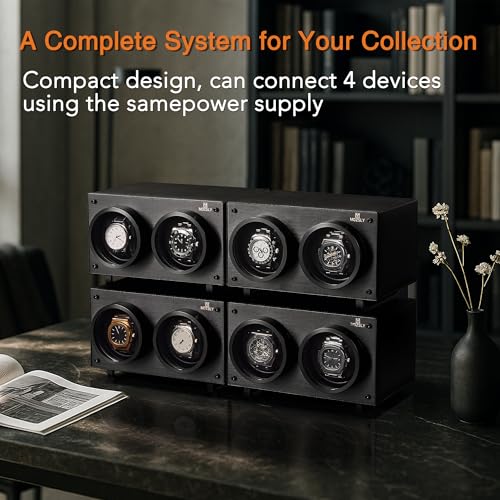 MOZSLY Double Watch Winder for Automatic Watches with Quiet Motor 12 Rotation Mode Setting AC Adapter or Battery Powered PU Leather Full Black