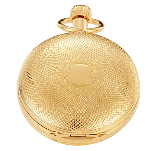 Whodoit Gold Smooth Shield Double Cover Men's Mechanical Pocket Watch, Double Cover Roman Moonlight Design Dial Chain Pocket Watch for Men