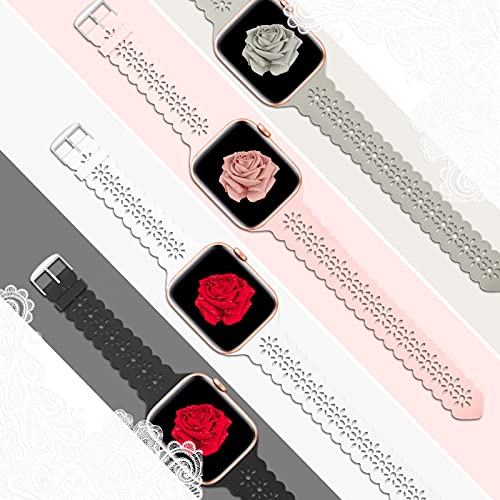 Bandiction 4 Pack Lace Silicone Bands Compatible with Apple Watch Bands 38mm 40mm 41mm 42mm 44mm 45mm 46mm 49mm, Women Slim Thin Hollow-out Wristband for iWatch Series 11 10 9 Ultra 8 SE 7 6 5 4 3 2 1