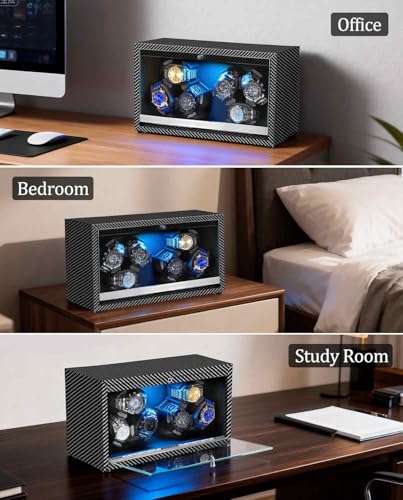 GLOKUUCA Watch Winder 6 with LED and Super Quiet Motor 4 Rotating Modes, Wooden Watch Storage Case Watch Shaker with USB Cable Gift (Black Carbon Fiber)