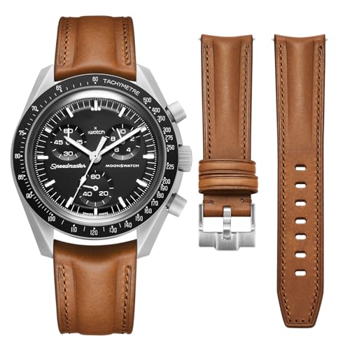Getalia Italian Full grain vegetable tanned leather watch Bands Curved Strap,Compatible with Omega X Swatch Moonswatch Speedmaster Watch straps Men Women (Brown-width：20mm)