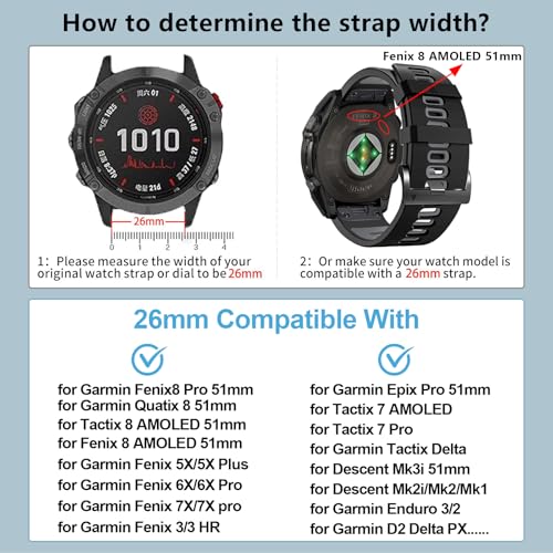 ZPJPPLX 26mm Easy Fit Watch bands For Tactix 8/Fenix 8 7X Pro 6X 5X,Soft Silicone Sport Straps Compatible for Garmin Tactix8/7/Fenix 6X Pro/5X Plus/Enduro3 2/Descent Mk2i/3i Epix Pro quatix 8 51mm