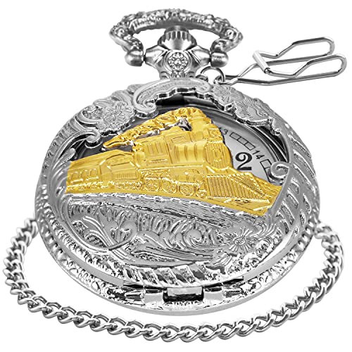 Realpoo Hollow Quartz Right Locomotive Sliver Gold Quartz Pocket Watch for Men,Arabic Numerals White Dial Pocket Watches with Chain for Men - Sliver Gold