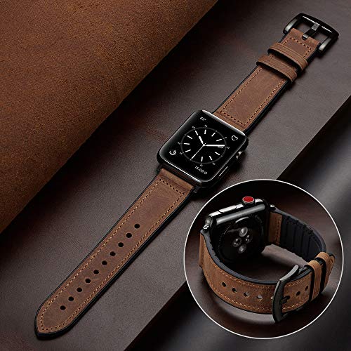 OUHENG Leather Bands Compatible with Apple Watch Band 49mm/46mm/45mm/44mm/42mm, Sweatproof Leather Rubber Hybrid Strap for iWatch Ultra 3/2/1 Series 11 10 9 8 7 6 5 4 3 2 1 SE 3/2/1, Brown/Black