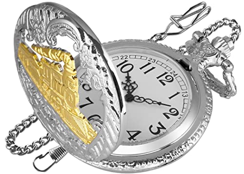 Realpoo Hollow Quartz Right Locomotive Sliver Gold Quartz Pocket Watch for Men,Arabic Numerals White Dial Pocket Watches with Chain for Men - Sliver Gold