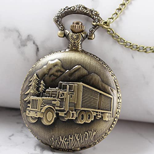 Whodoit Men's Bronze Truck Design Quartz Pocket Watch, Arabic Digital Dial Quartz Pocket Watches with Chain for Men