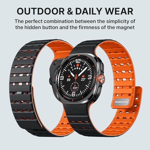 Bandletic Magnetic Sport Band Compatible with Samsung Galaxy Watch Ultra Bands (2025/2024) 47mm, Rugged Thin Soft Silicone Waterproof Strap Replacement Wristbands for Men Women, Black/Orange