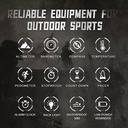 HOOSHU Tactical Sports Watches for Men Digital Outdoor Survival Military Compass Rock Solid Digital Watches with Durable Band Steps Tracker Pedometer Calories (46Black)