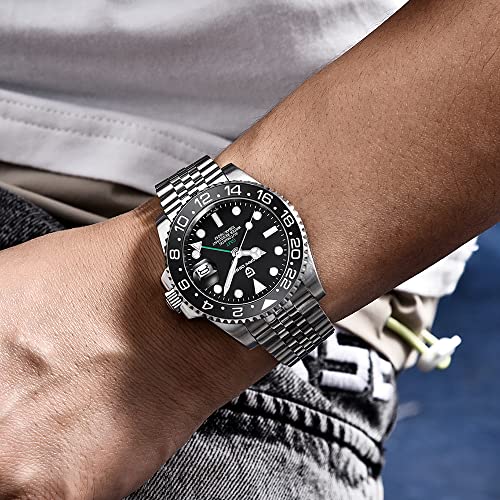 CADISEN Pagani Design GMT Fully Automatic Mechanical Men's Watch 40MM Date 100M Waterproof Stainless Steel Submersible Rotating Ceramic Bezel Men's Sports Watch PD-1662(Jubilee Black)