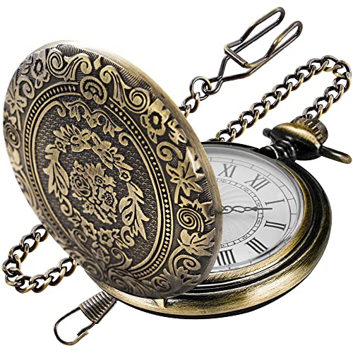 Realpoo Bronze Large Decorative Flower Pattern Pocket Watch White Roman Numeral Scale Quartz Pocket Watches for Men with Chain