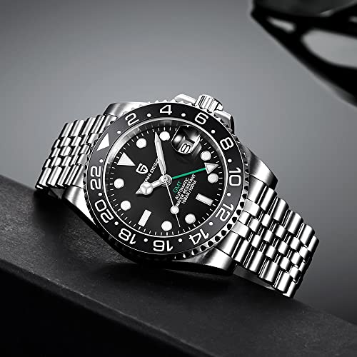 CADISEN Pagani Design GMT Fully Automatic Mechanical Men's Watch 40MM Date 100M Waterproof Stainless Steel Submersible Rotating Ceramic Bezel Men's Sports Watch PD-1662(Jubilee Black)