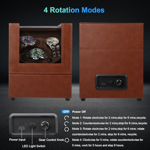 J&T Technology Watch Winder for Automatic Watches,Automatic Watch Winder with LED Light,Rotating Watch Case with Japanese Quiet Motor,4 Rotation Modes,USB Type C