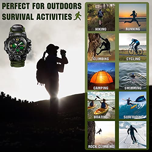 23-in-1 Survival Military Digital Watch, Mens Tactical Multi-Functional and Adjustable Wristband Outdoors Waterproof Army Green Sports Watches with Compass Paracord Band