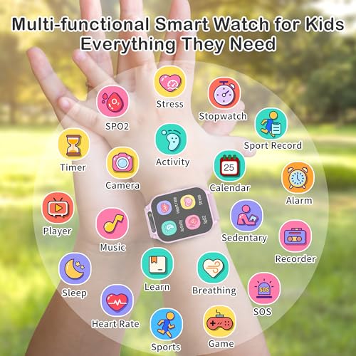 Kids Waterproof Smart Watch Girls with Fitness Tracker Sports Activity Pedometer Heartrate SpO2 Stress Monitor Flashlight APP HD Touch Screen Camera Games Music for 4-13 Year Old Girls Gifts for Kids