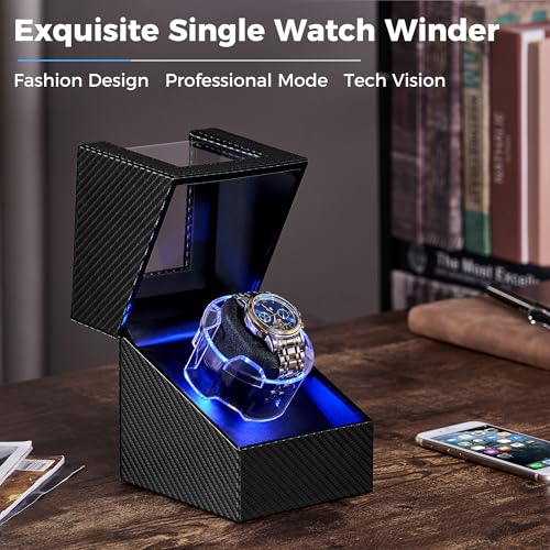 ANWBROAD Watch Winder for Automatic Watches, 4 Modes Single Automatic Watch Winder box with LED Crystal Design, Rotating Watch Case with Super Quiet Motor with Type-C Adapter,UJWW006C