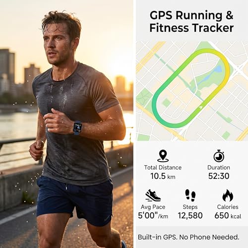 moutarlier 2026 Distance & Pace GPS Running Watch for Runners - Call & Text, AMOLED Large Screen, 50m Waterproof Swimming, Calorie & Step Counter, 2 Bands, Long Battery, for Seniors Men Women（Blue）