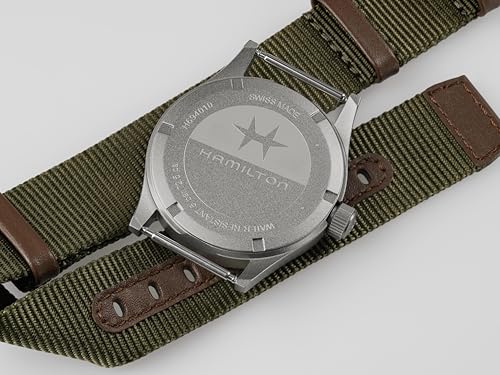Hamilton Khaki Field Khaki Quartz Men's Watch, 38mm Stainless Steel Case, Swiss Made, Black Dial Analog Wrist Watch for Men, 50m Waterproof, Sapphire Crystal, Textile Strap