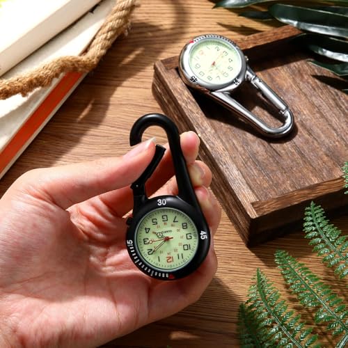 Hicarer 2 Pieces Clip on Quartz Watch Backpack Fob Belt Glow in The Dark Unisex Pocket Watch with White Dial for Doctors Nurses Outdoor Activities(Black, Silver)