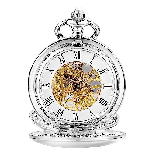 ShoppeWatch Men’s Silver Pocket Watch with Chain | Hand Winding Vintage Pocket Watch | Classic Mechanical Movement Pocketwatch | 1920s Railroad Steampunk Costume Accessory PW20