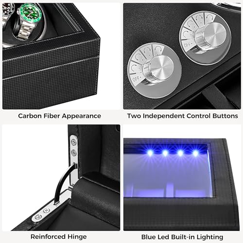 ANWBROAD Watch Winder for Automatic Watches 4 Watch Rotator and 6 Extra Storages with Super Quiet Motor and LED Backlight Turner Carbon Fiber Shaker 5 Rotating Modes UJWW002F