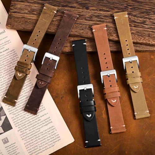 BISONSTRAP Distressed Leather Watch Strap, Watch Replacement Bands for Men, Quick Release Spring Bars, 20mm, Toffee Brown (Silver Buckle)