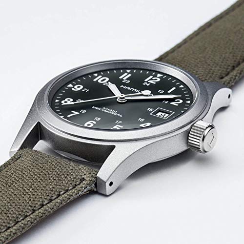 Hamilton Khaki Field Mechanical Men's Watch, 38mm Stainless Steel Case, Swiss Made, Green Dial Analog Wrist Watch for Men, 50m Waterproof, Sapphire Crystal, Canvas Strap