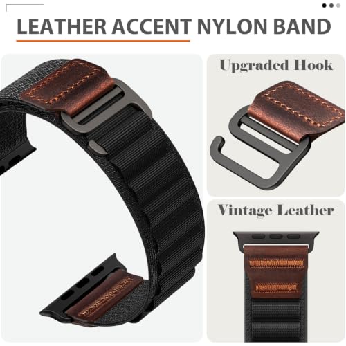 MRAIN-H Leather Design Compatible with Apple Watch Bands Ultra 3 2 1 (49mm) & Series 11 10 9 8 7 6 5 4 SE 3 2 1 (46mm 45mm 44mm), Soft Stretchy Nylon Sport Band for iWatch Men Women
