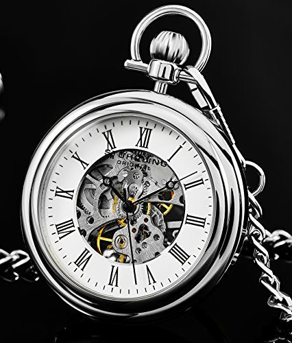 Stuhrling Original Men’s Pocket Watch Mechanical Skeleton Dial Hand Wind Stainless Steel Chain Dual-Sided Display Analog Vintage Style Timepiece No Battery Watch
