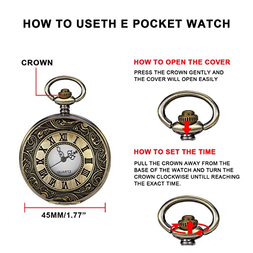 Bronze Hollowed Out Roman Covered Quartz Pocket Watch for Men, Arabic Numerals White Dial Pocket Watches for Men, Men's Quartz Pocket Watch with Chain -Bronze