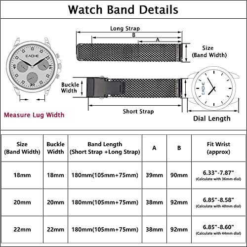 EACHE Stainless Steel Thick Mesh Watch Band For Men Heavy Duty Metal Mesh Watch Strap Adjustable Length Silver 20mm
