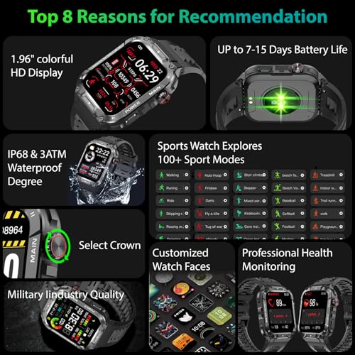 Military Smart Watch for Men with Call Function,Fitness Smartwatch for Android Phones and iPhone,Waterproof Fitness Tracker with Blood Oxygen/Heart Rate/Sleep/100+ Sport Modes, Watches for Men