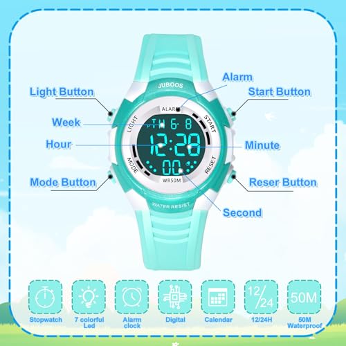 Juboos Kids Digital Watch with 7 Color LED Lights,Waterproof Running Sports Watches with Stopwatch,Alarm,Easy-to-Read Outdoor Children's Wristwatch for Boys Girls Ages 4-12