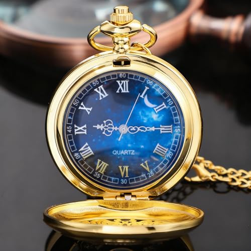 Tiong Luxury Gold Pocket Watch Hollow Blue Star Roman Numerals Quartz Pocket Watches with Chain Christmas Graduation Birthday Gifts Fathers Day(24-Gold)