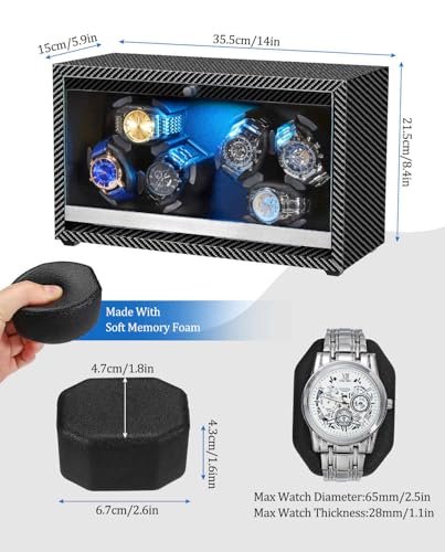 GLOKUUCA Watch Winder 6 with LED and Super Quiet Motor 4 Rotating Modes, Wooden Watch Storage Case Watch Shaker with USB Cable Gift (Black Carbon Fiber)
