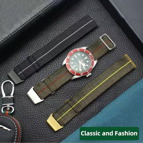 Danxancy French Troops Paratrooper Watchband,Military Elastic Nylon Watch Strap with Hook-and-Loop for Men Women Silver & Black Buckle 18/20/22mm