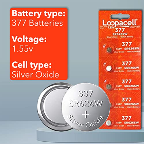 LOOPACELL 377/376 / SR626W / SR626SW / Silver Oxide Watch Batteries (Pack of 5) - 1.55V Long Lasting Coin Cell Battery for Watches, Toys, Decorations, Wristwatches, Remote Control, Mini Radio