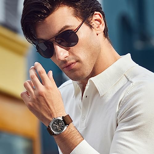 BENYAR Men's Automatic Mechanical Watch Leather Strap Gold Movement 45mm Skeleton Dial Water Resistant Scratch Resistant Elegant Gift for Men, Grey 1, Strap