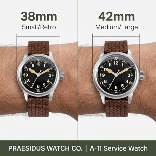 PRAESIDUS A-11 Military Watch | Automatic WW2 Field Watch for Men | 42mm Stainless Steel Case with Black Dial & Brown Nylon Strap and 100M Water Resistance, Assembled in USA
