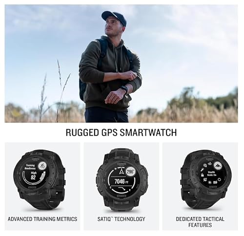 Wearable4U Garmin Instinct 3 Tactical Edition, Solar Charging Display, 50mm, Rugged Outdoor GPS Smartwatch, Applied Ballistics Support, LED Flashlight, Multi-Band GPS White Earbuds Bundle