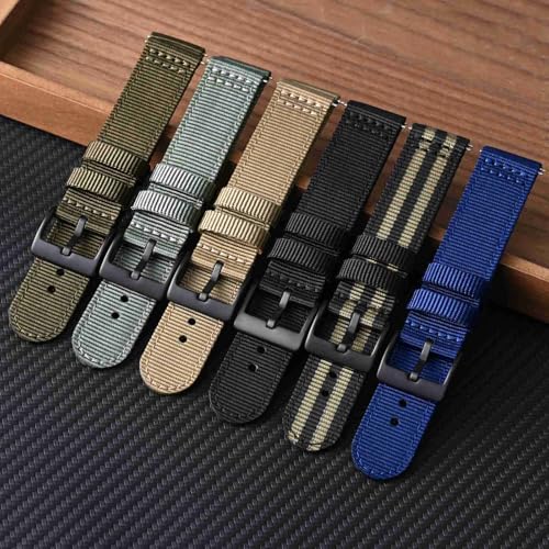 BISONSTRAP Men’s Nylon Watch Bands, Two-Piece Military Watch Straps, Quick Release, Brushed Buckle, 20mm, Army Green (Black Buckle)