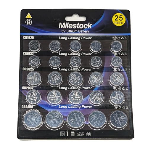 Milestock 25-Pcs 3V Lithium Button Battery Assortment CR1620 CR1632 CR2025 CR2032 CR2450 for Car Key Fob, Sensors, Scales, Candles, Watch, Toy Remote and More